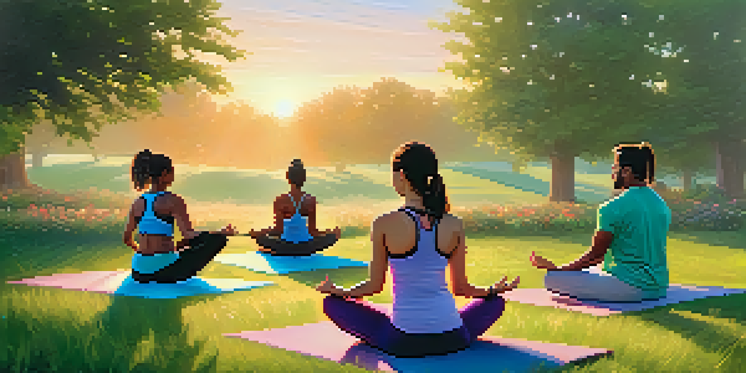 A group of friends practicing yoga outdoors during sunrise, with colorful clothing and a tranquil setting.