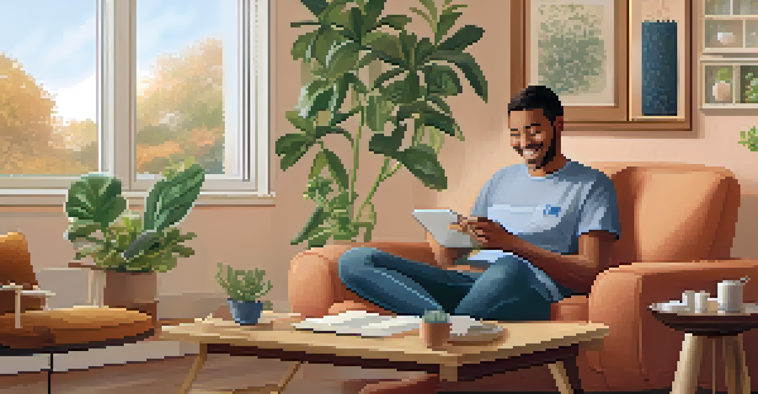 A patient happily accessing their electronic health record on a tablet in a comfortable home setting.