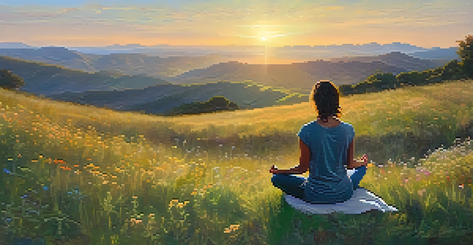A person meditating on a hilltop surrounded by wildflowers during sunset, radiating tranquility and self-compassion.