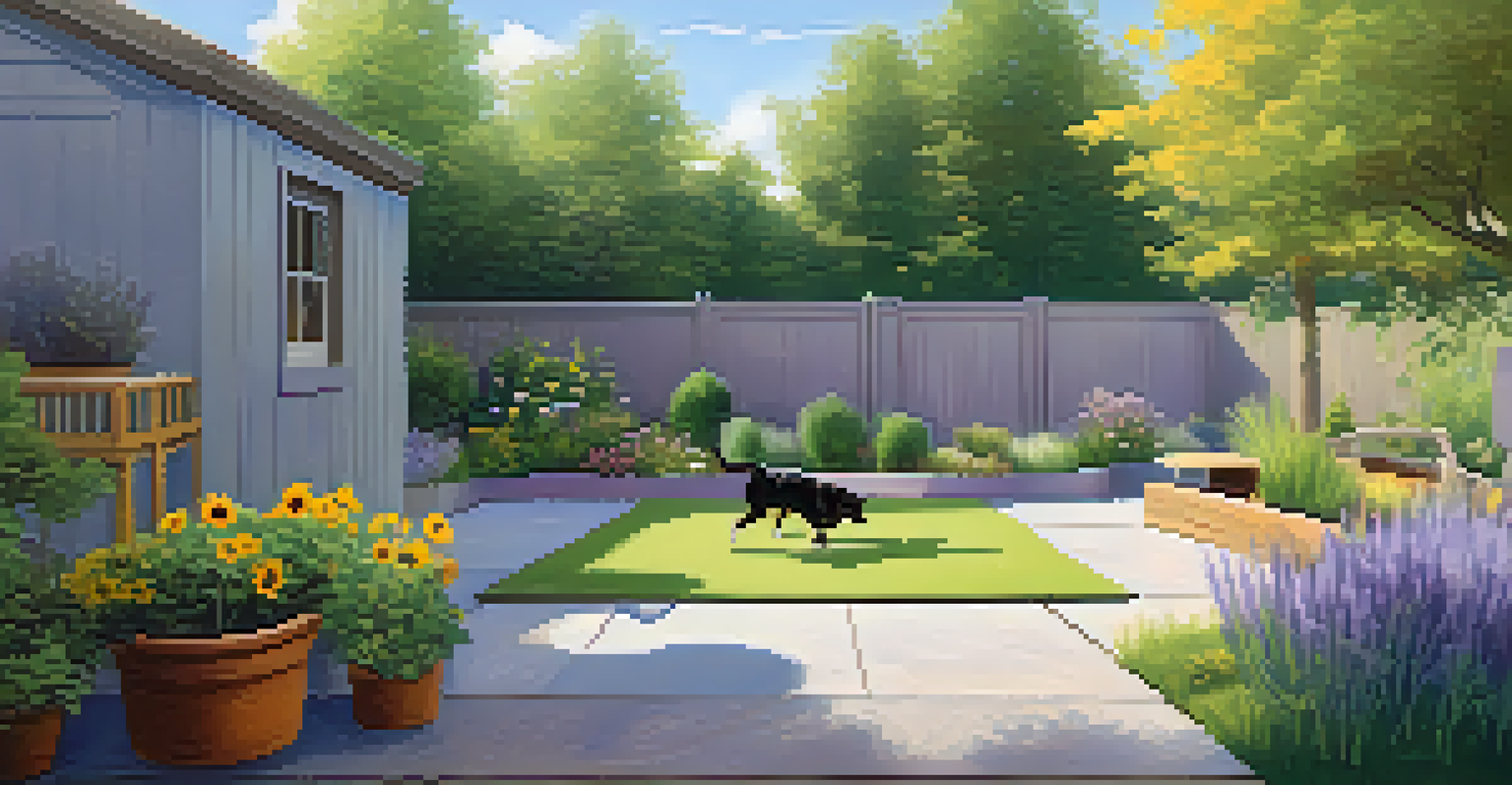 A pet-friendly backyard with a fenced area, colorful flowers, and a playful dog.