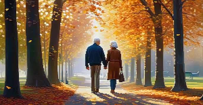 An elderly couple walking hand in hand in an autumn park, surrounded by colorful leaves and warm sunlight.