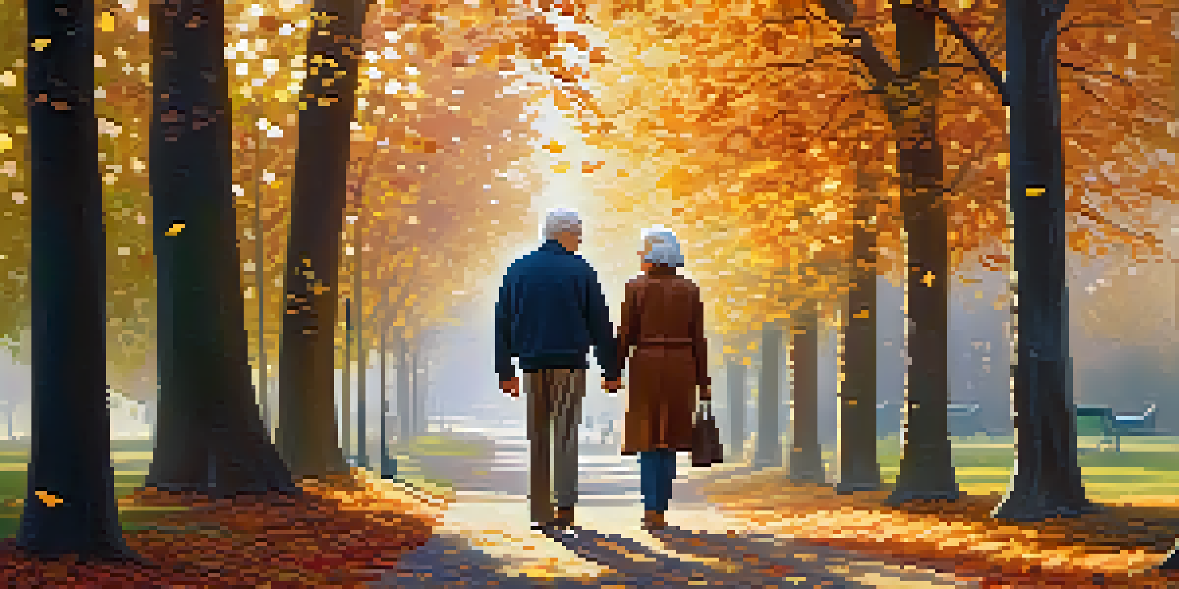 An elderly couple walking hand in hand in an autumn park, surrounded by colorful leaves and warm sunlight.
