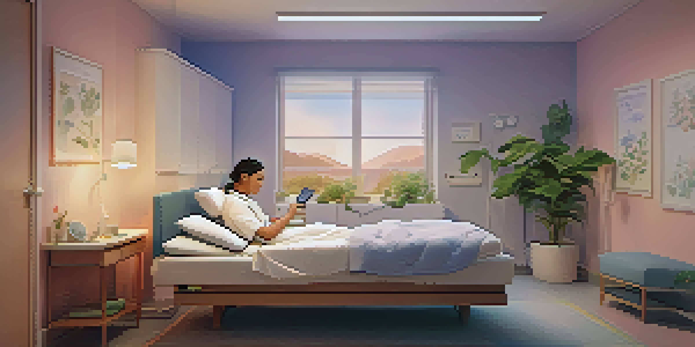 A cozy sleep clinic room with soft lighting and a comfortable bed, advanced sleep monitoring equipment, and a technician adjusting sensors on a relaxed patient.