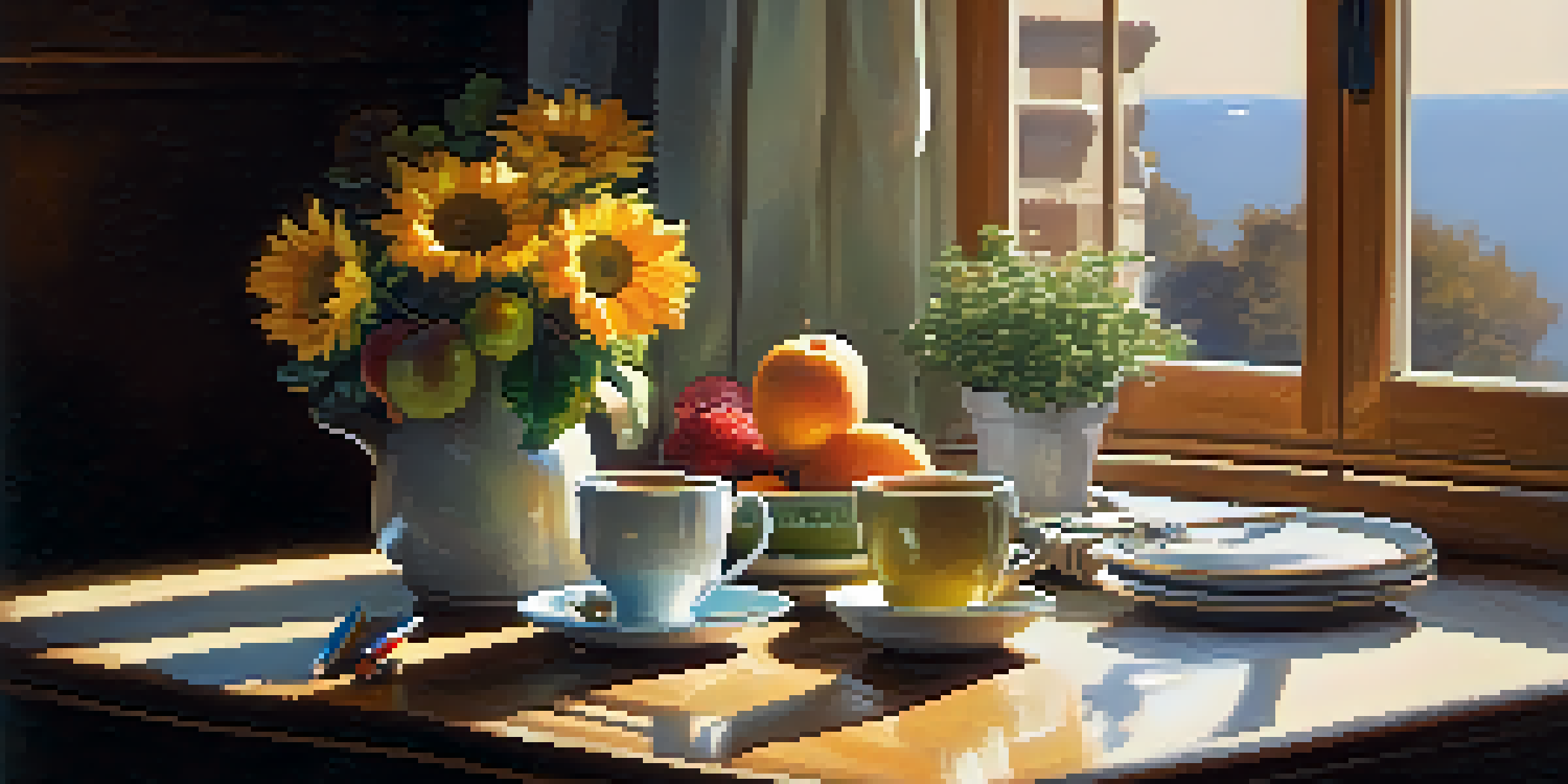 A cozy breakfast table with a cup of coffee, fruits, and an open gratitude journal by a sunlit window.