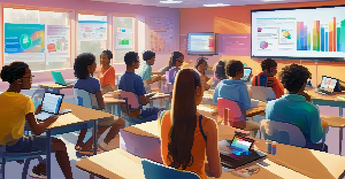 A diverse group of students engaged in a digital health literacy workshop in a modern classroom, using laptops and tablets with infographics displayed.