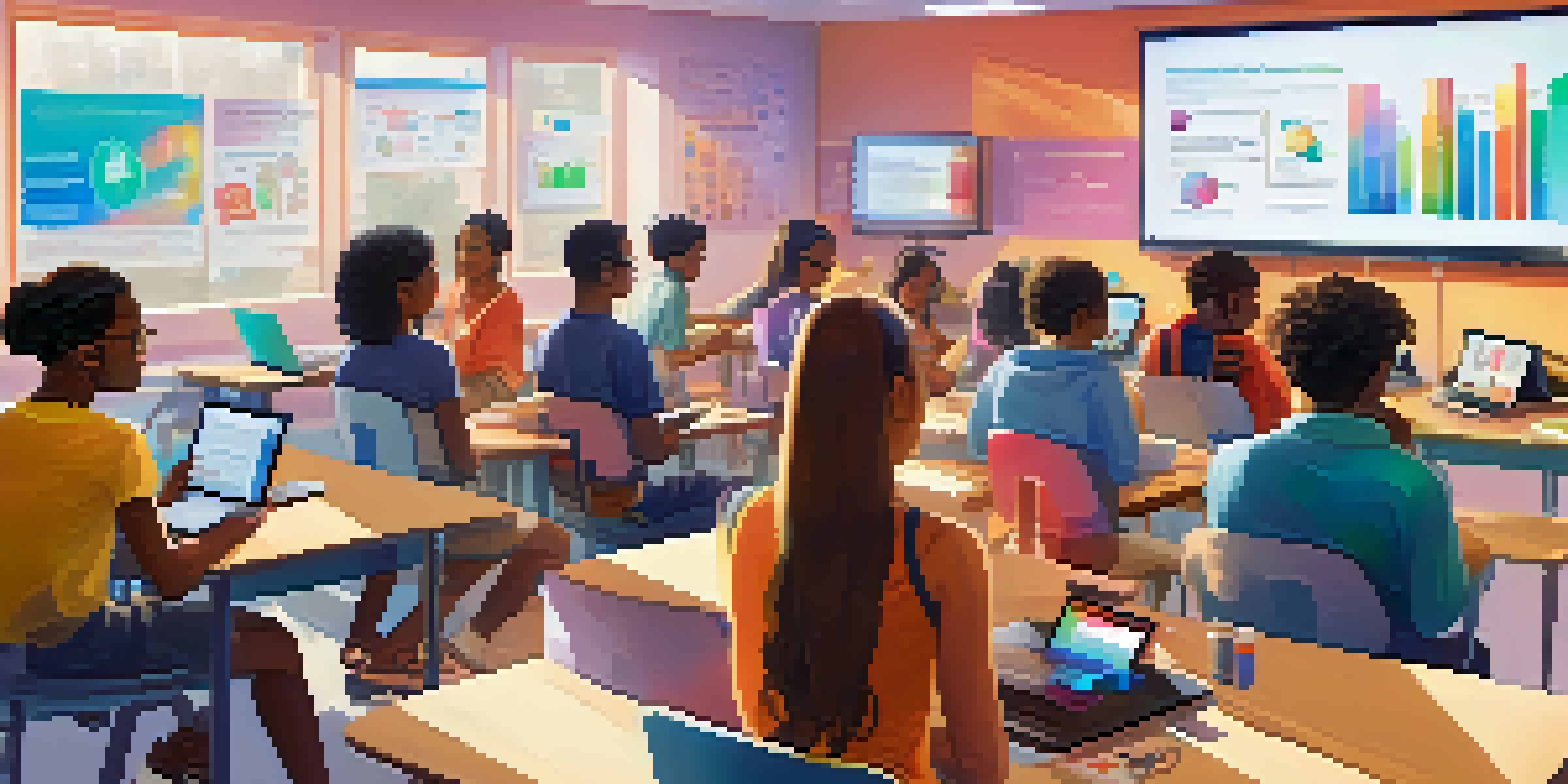 A diverse group of students engaged in a digital health literacy workshop in a modern classroom, using laptops and tablets with infographics displayed.