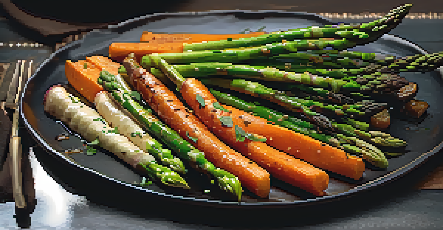 A plate of roasted vegetables arranged artfully with balsamic glaze and fresh herbs, set against a cozy dining backdrop.