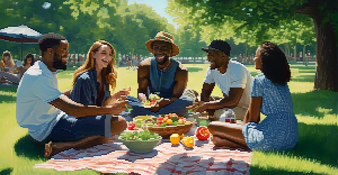 A diverse group of friends having a picnic in a sunny, green park, sharing healthy foods and laughing together.
