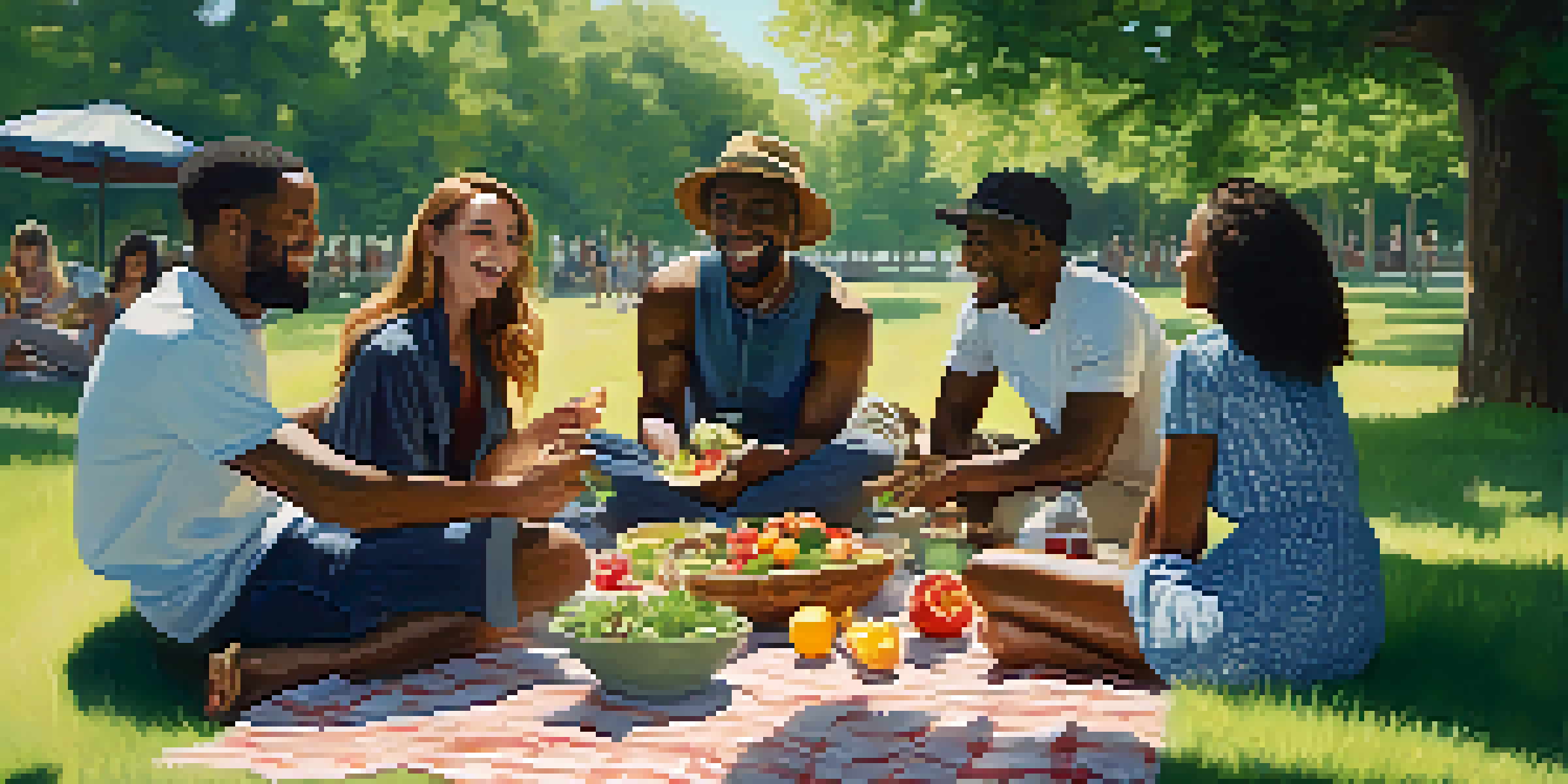 A diverse group of friends having a picnic in a sunny, green park, sharing healthy foods and laughing together.