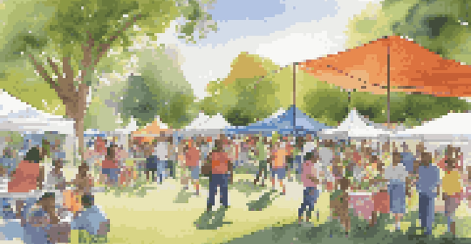 A community health fair in a sunny park with diverse residents participating in health activities and children playing.