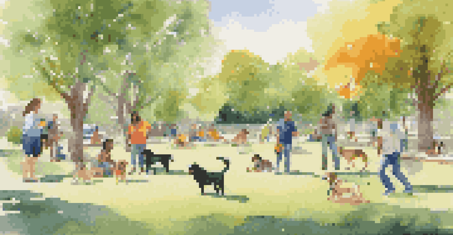 A group of diverse individuals enjoying a sunny day in a park with their dogs playing together.