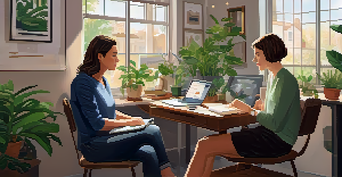 A health coach and client engaged in a conversation in a well-decorated office with plants and sunlight.
