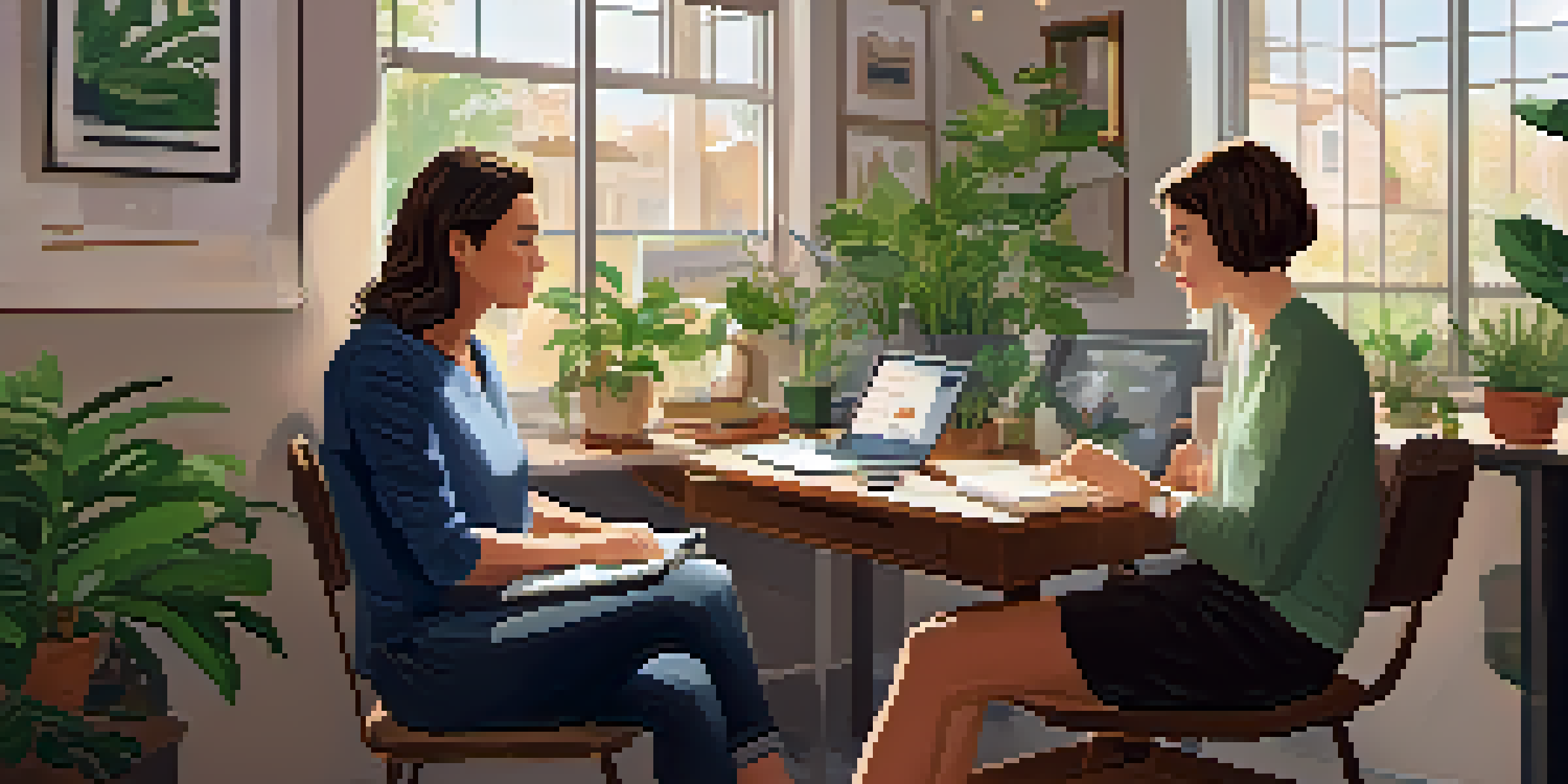 A health coach and client engaged in a conversation in a well-decorated office with plants and sunlight.