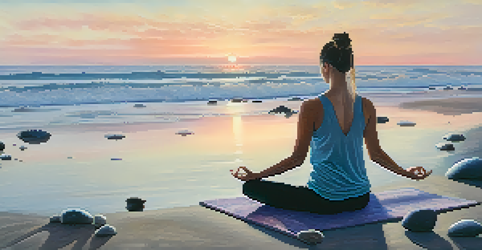 A person practicing yoga on a calm beach during sunrise, surrounded by nature.