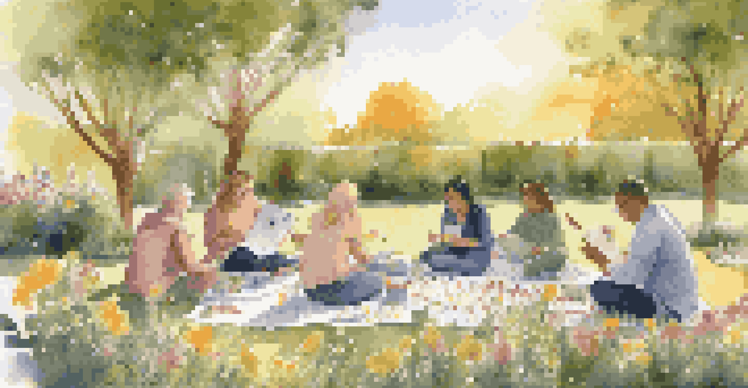 Participants engaged in an outdoor art therapy session in a blooming garden during sunset.