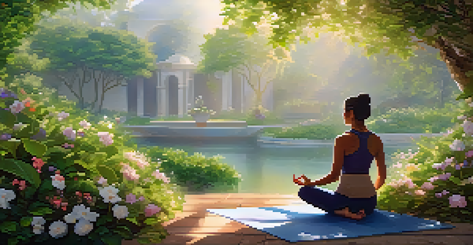 A person practicing yoga in a peaceful green setting, with sunlight filtering through the trees.