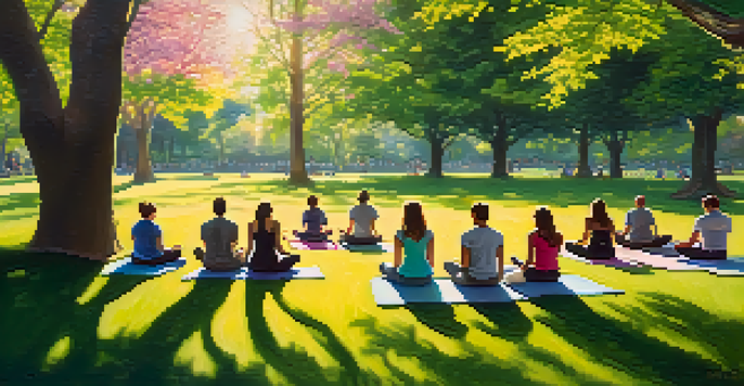 A diverse group of individuals practicing mindful breathing in a peaceful park filled with greenery and colorful flowers.