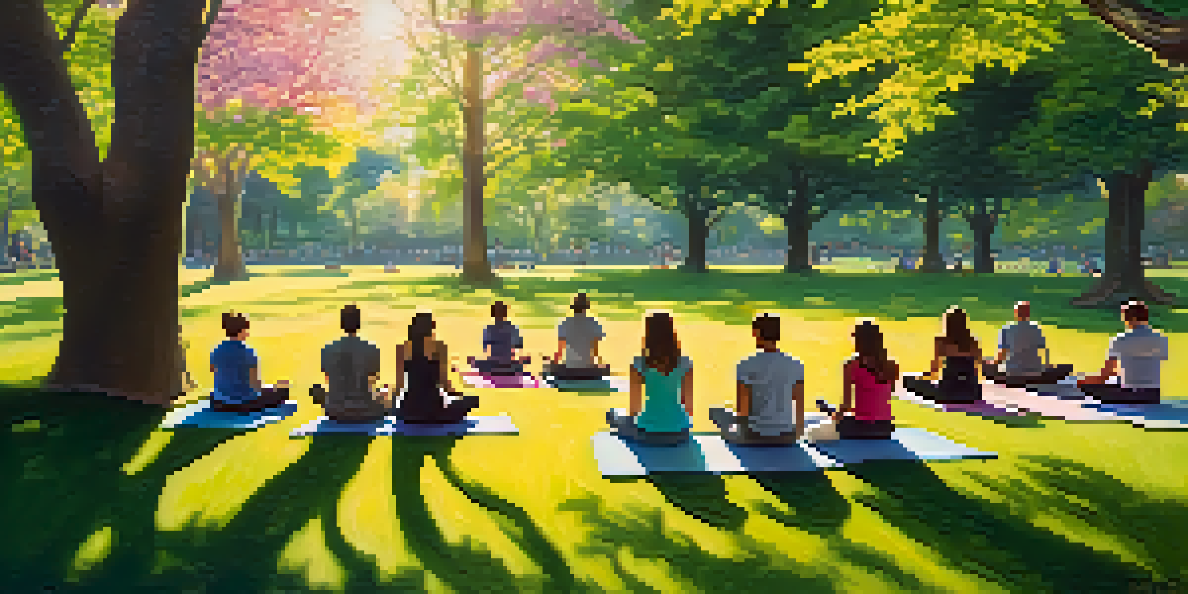 A diverse group of individuals practicing mindful breathing in a peaceful park filled with greenery and colorful flowers.