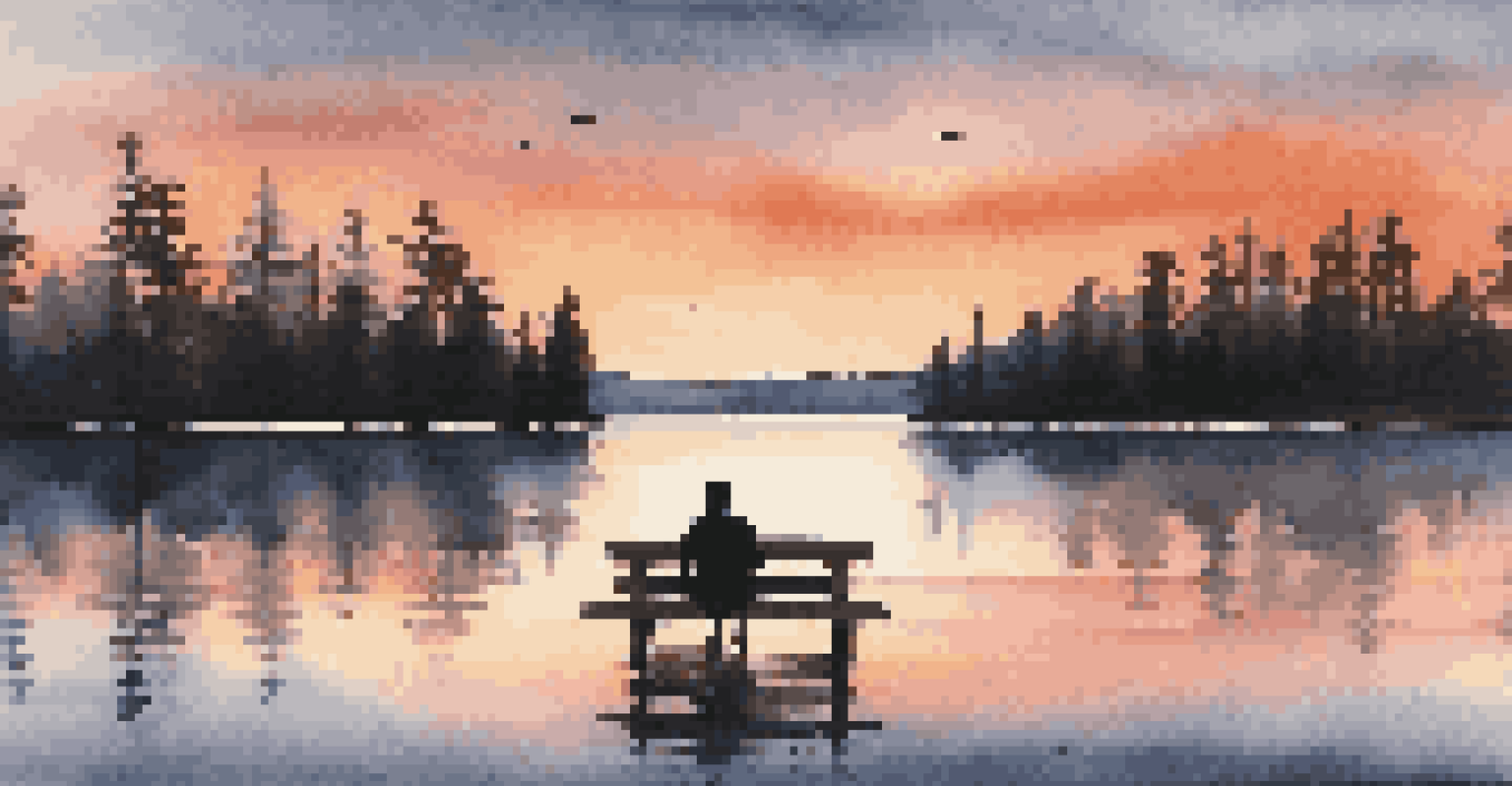 A beautiful lakeside sunset with a person meditating on a dock, surrounded by trees.