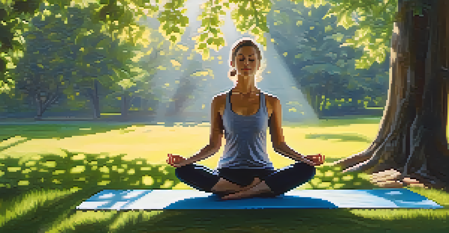 A person practicing yoga outdoors in a peaceful setting, surrounded by greenery and sunlight, promoting relaxation and wellness.