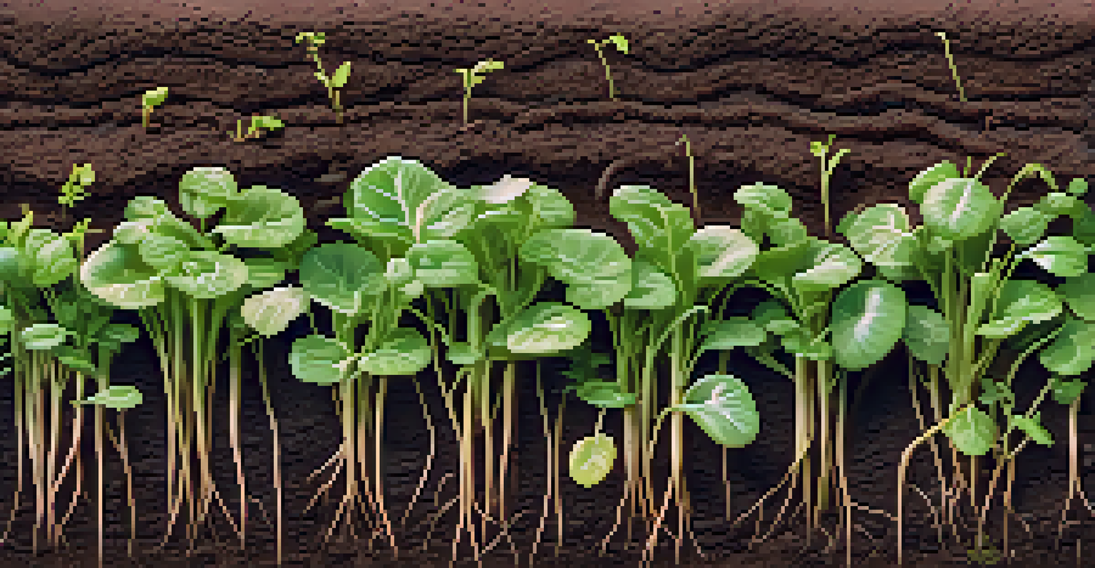 A close-up view of healthy soil in a community garden with roots and worms, illuminated by soft morning light.