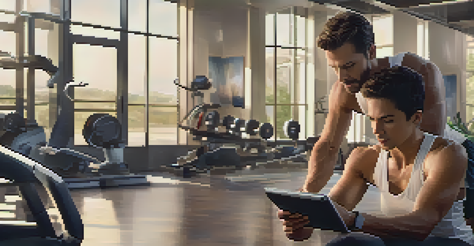 A fitness coach assisting a client with a digital tablet in a gym, discussing the influence of genetics on fitness.