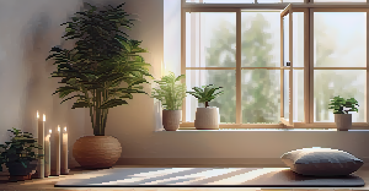 A peaceful meditation area with a mat, candles, and an indoor plant, illuminated by soft natural light.
