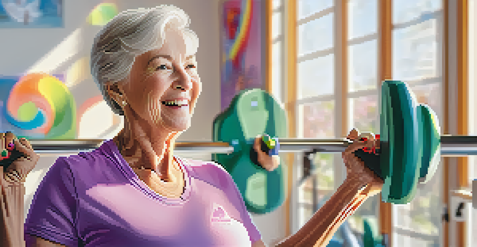 A senior woman lifting weights in a home gym, smiling with sunlight streaming in.