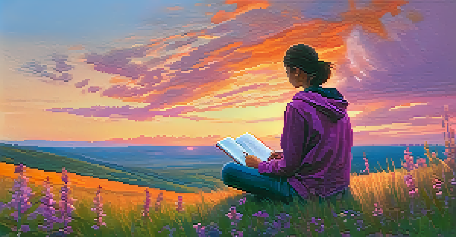 A person writing in a journal on a grassy hilltop during a colorful sunset.