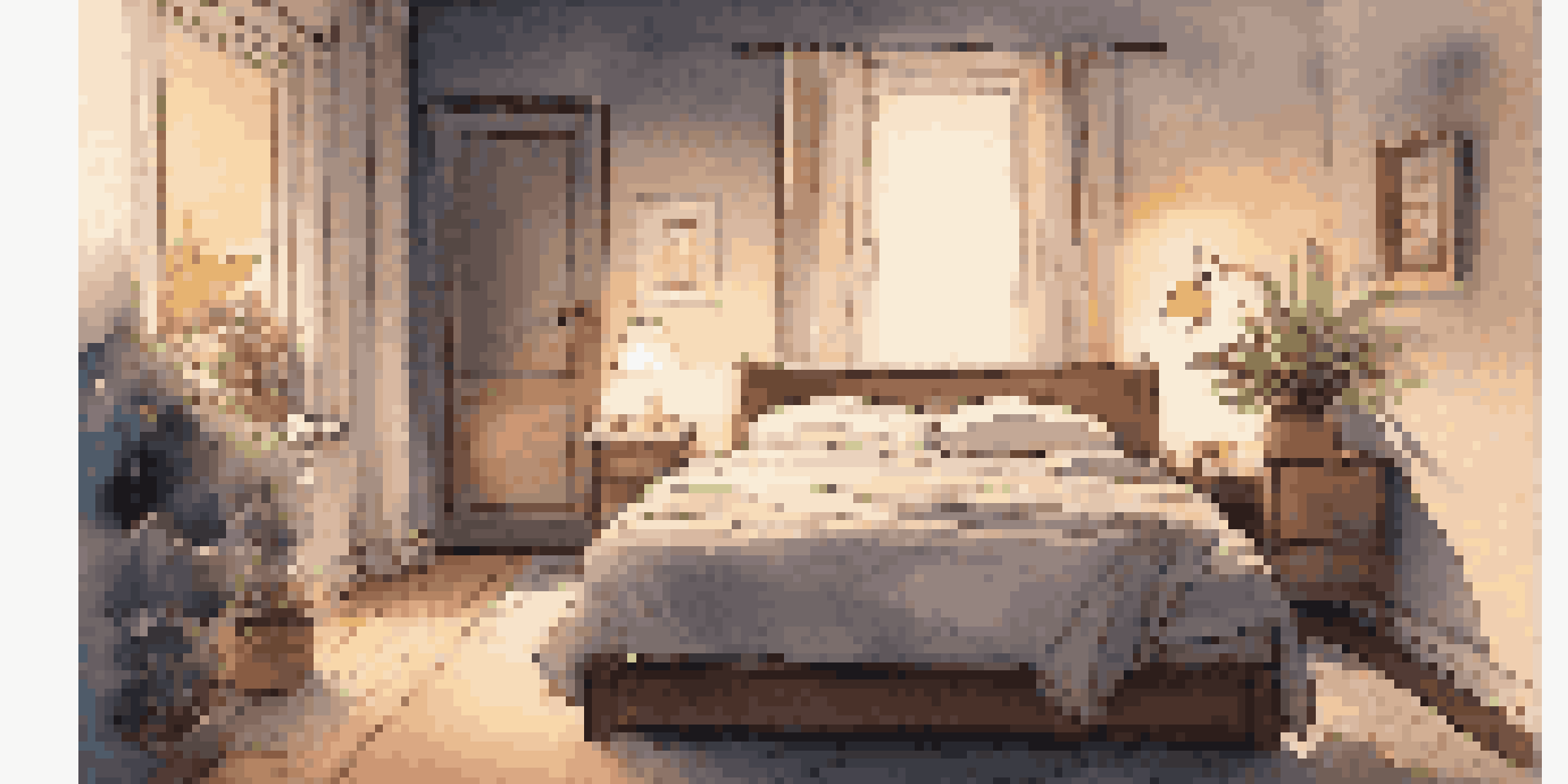 A peaceful bedroom environment designed for restful sleep, with a cozy bed, ambient lighting, and blackout curtains.