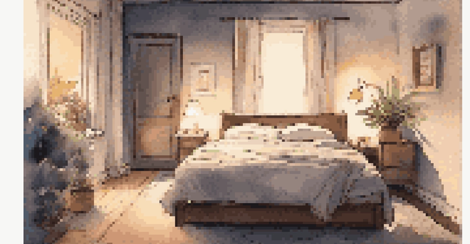 A peaceful bedroom environment designed for restful sleep, with a cozy bed, ambient lighting, and blackout curtains.