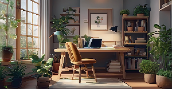 A person in a cozy home office, participating in a video consultation on a laptop, with plants and warm lighting around them.