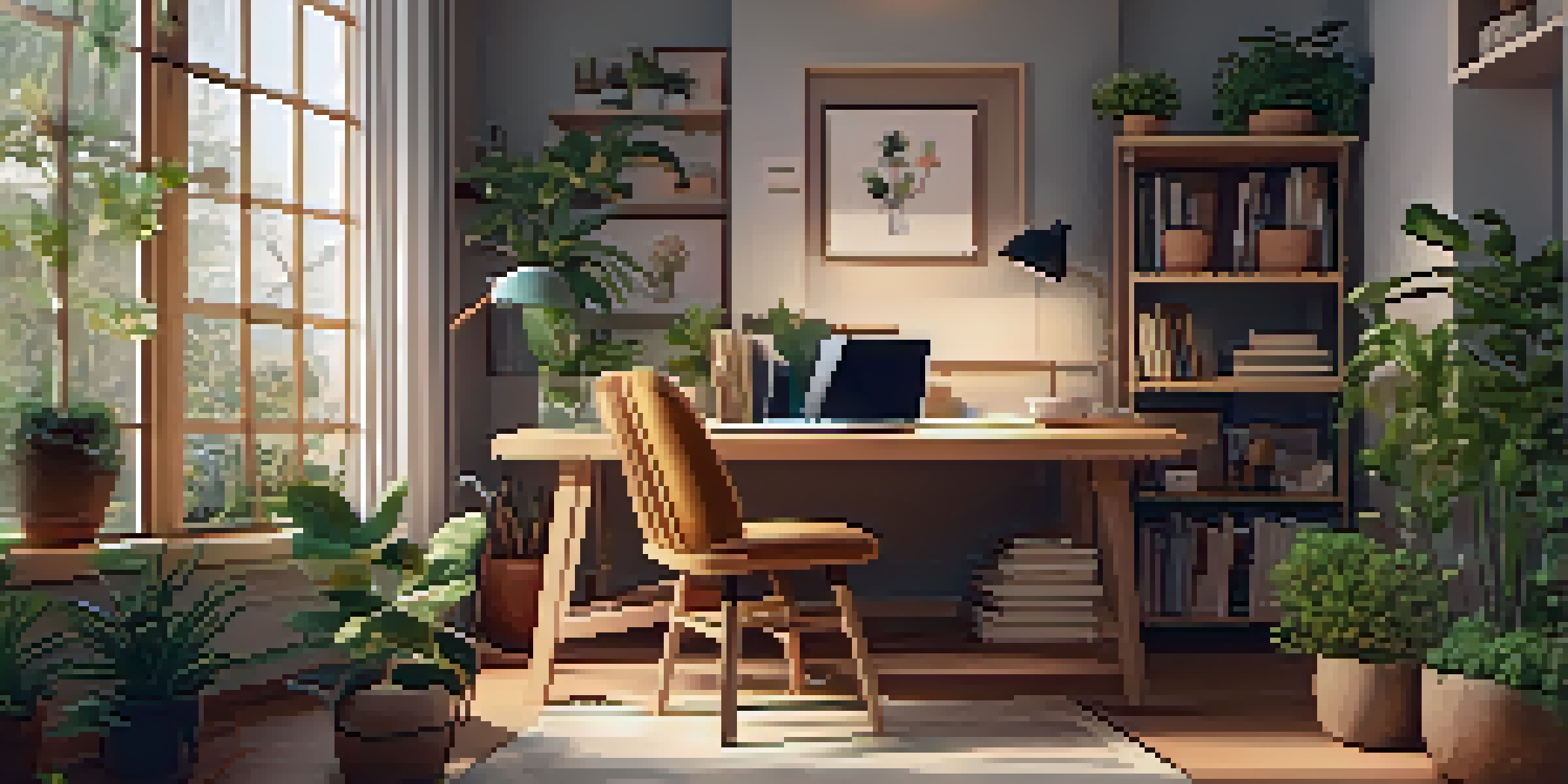 A person in a cozy home office, participating in a video consultation on a laptop, with plants and warm lighting around them.