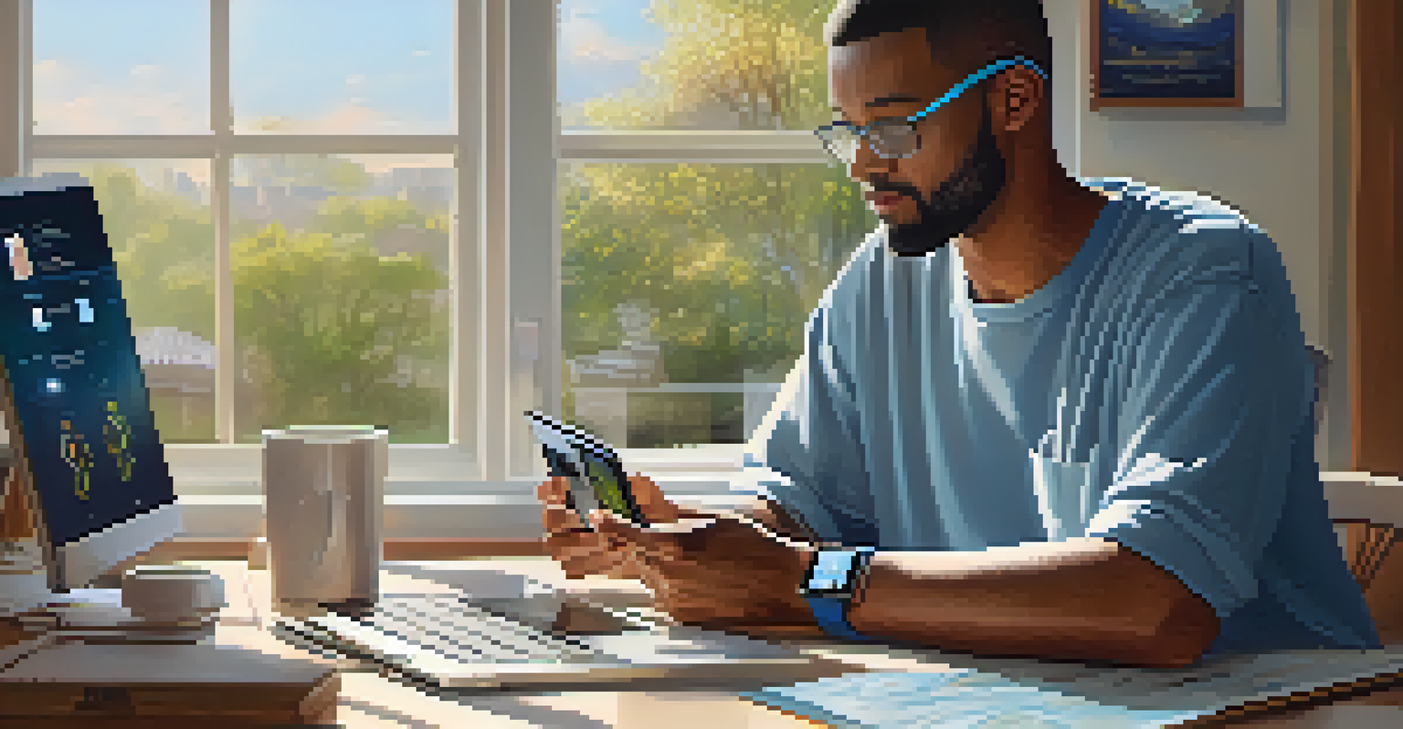 A patient at home using a smartwatch to track health metrics, with a cozy desk setup and health-related items in the background.