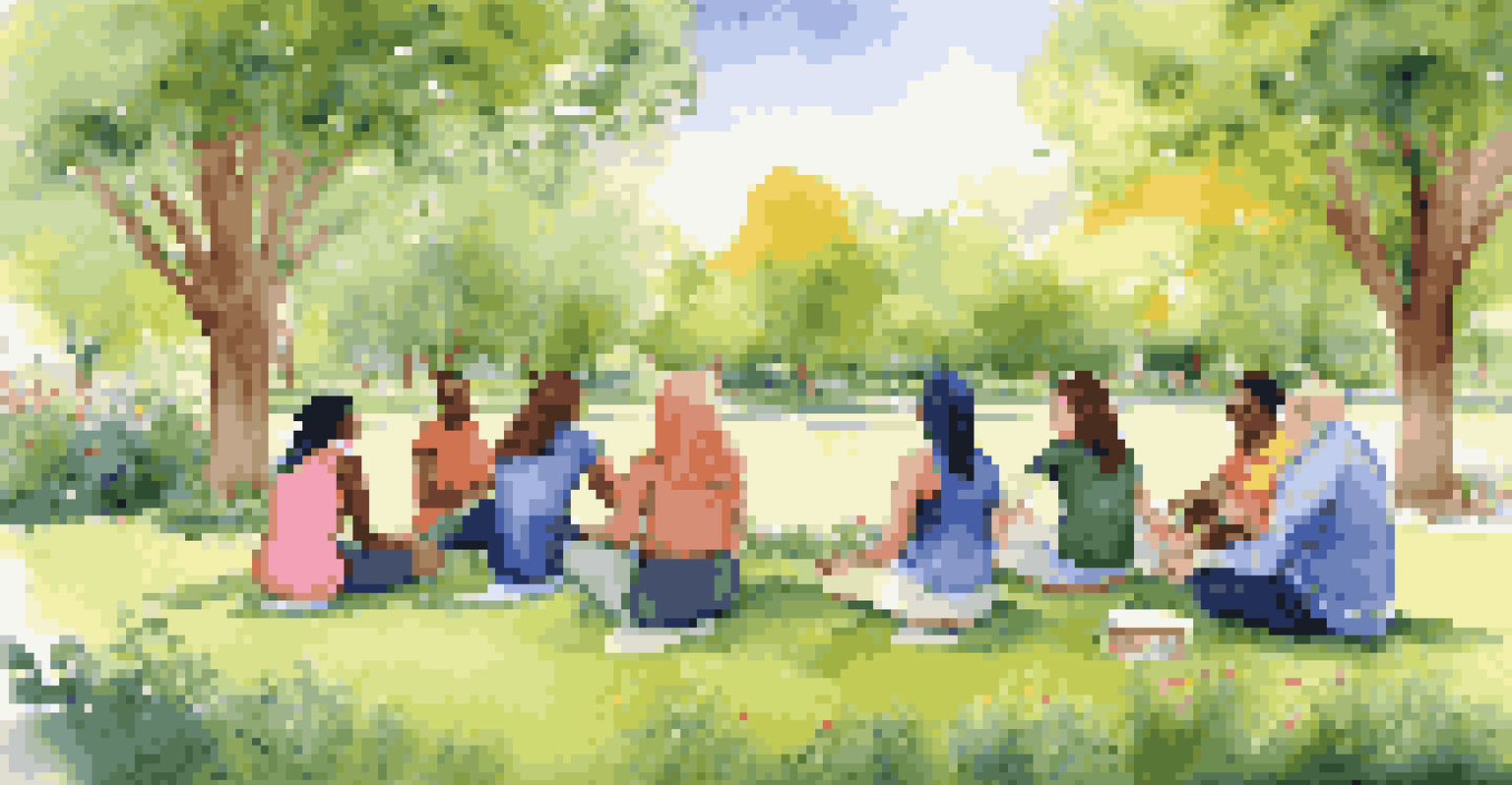 A supportive group therapy session in a park, with individuals sharing experiences in a circle on the grass.
