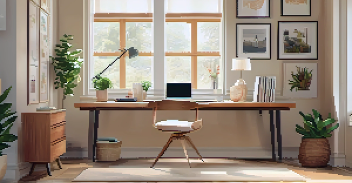 A bright and organized home office with a wooden desk, computer, and a small plant, showcasing a calm and productive environment.