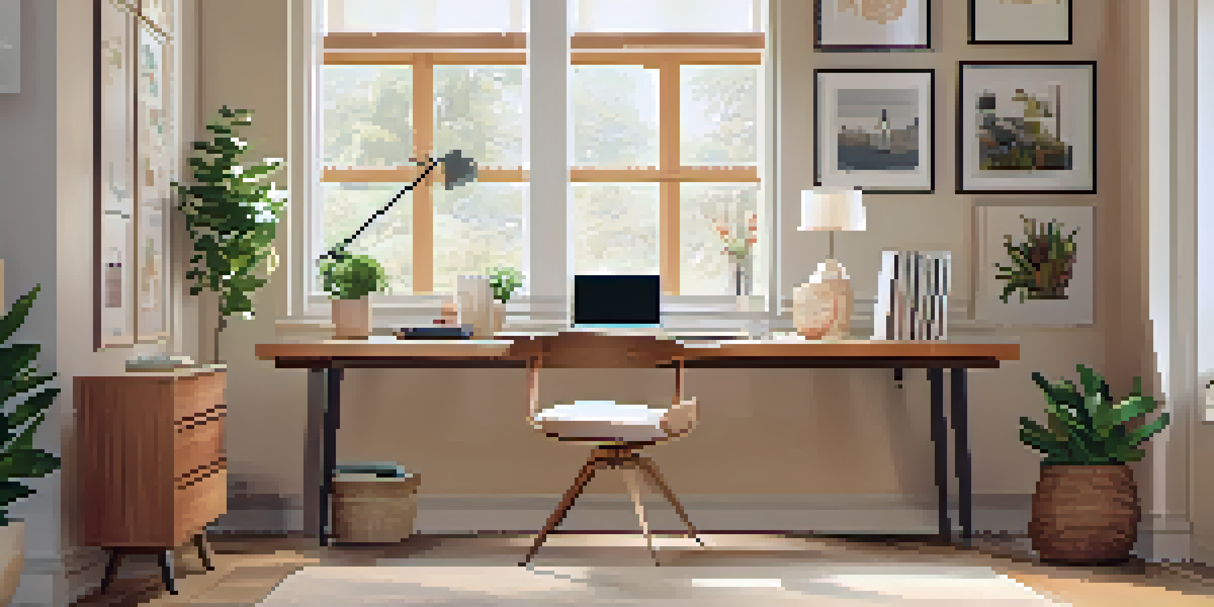 A bright and organized home office with a wooden desk, computer, and a small plant, showcasing a calm and productive environment.