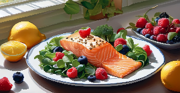A colorful plate of healthy foods including leafy greens, salmon, nuts, and fruits, arranged in a warm kitchen setting.