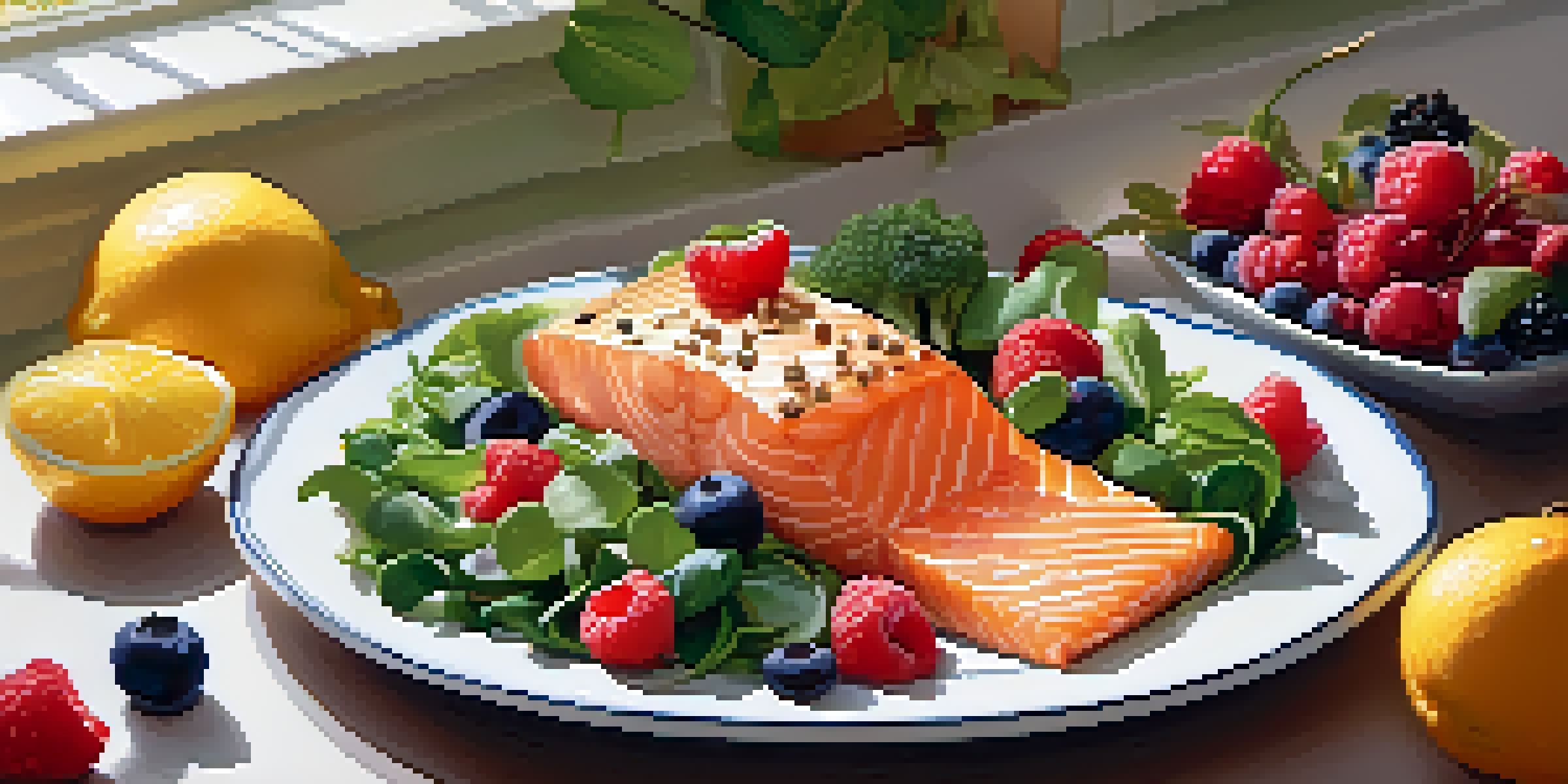 A colorful plate of healthy foods including leafy greens, salmon, nuts, and fruits, arranged in a warm kitchen setting.