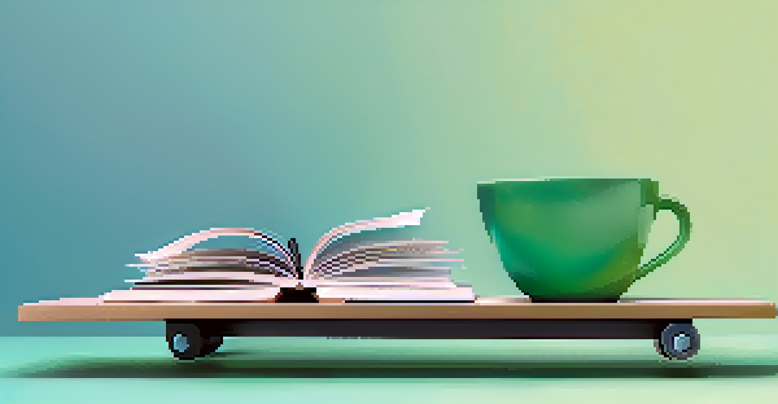 An abstract see-saw balancing work items on one side and leisure items on the other, representing work-life balance.