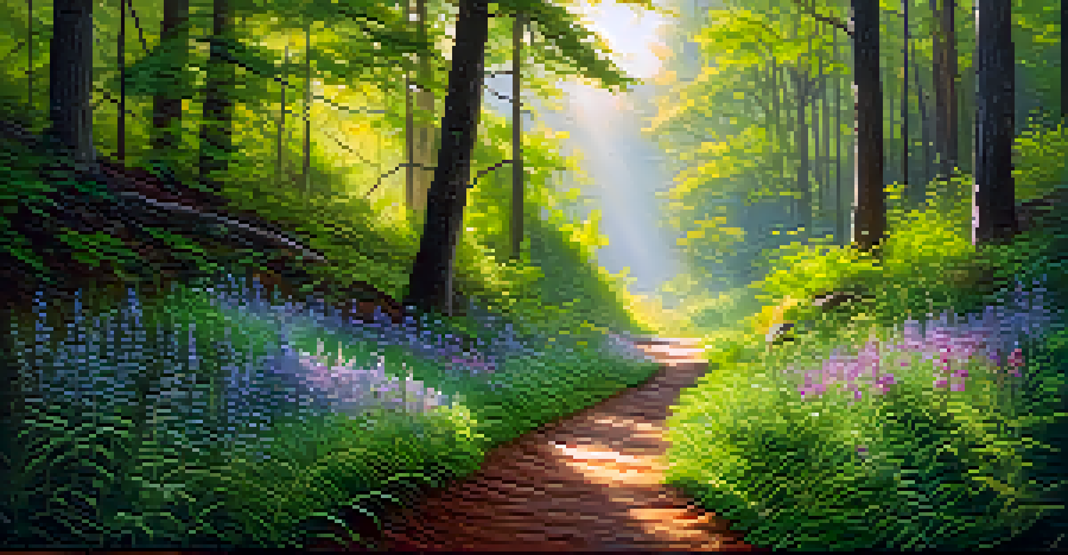 A winding forest trail with a hiker walking through vibrant greenery and colorful wildflowers under dappled sunlight.
