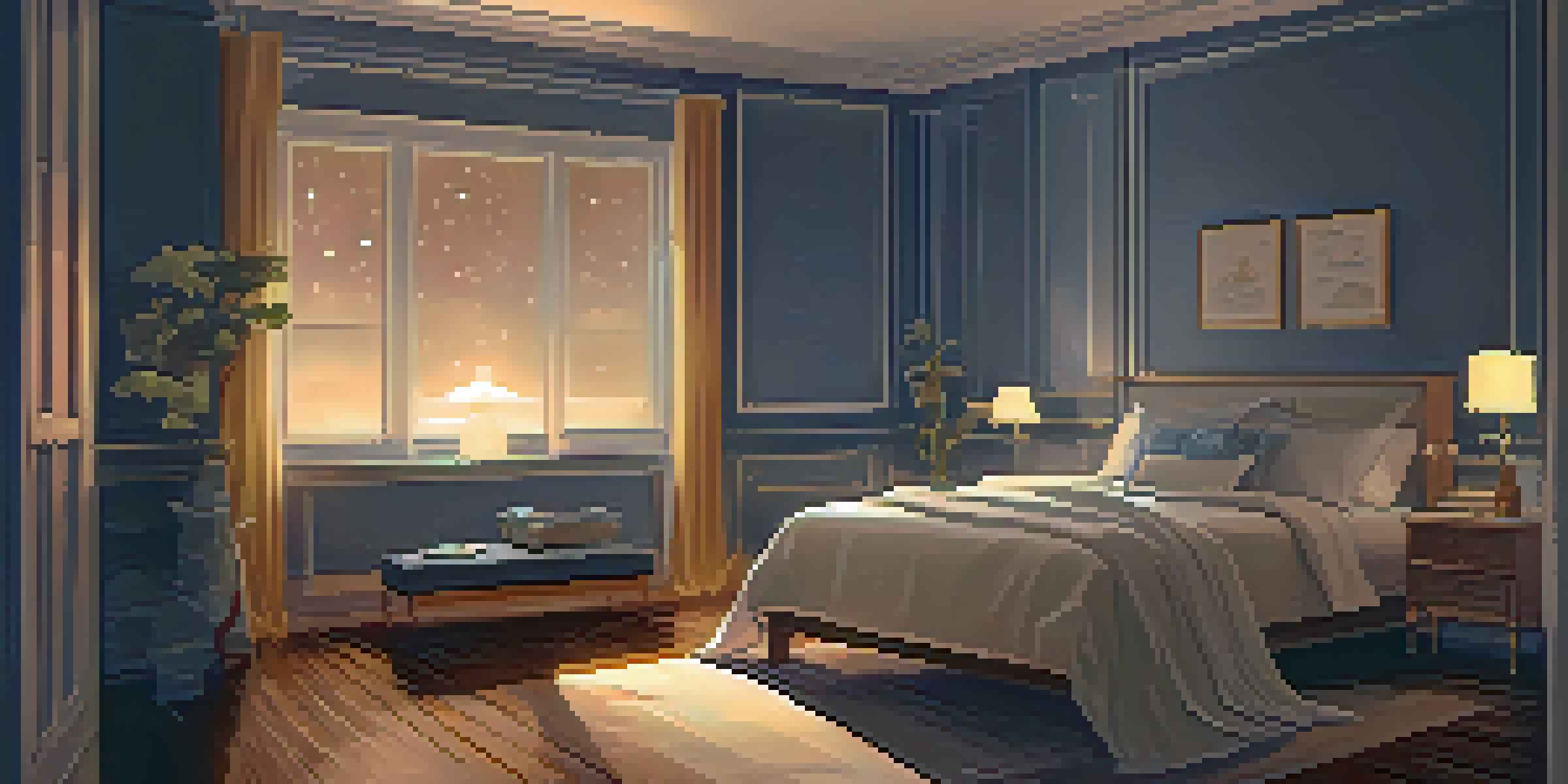 A cozy bedroom at night with a well-made bed, warm lighting, and a view of a starry sky through an open window.