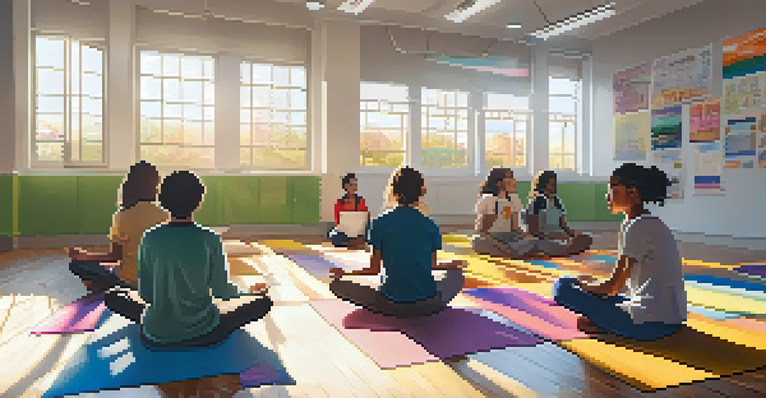 A classroom with students practicing mindfulness, surrounded by warm sunlight and colorful posters.