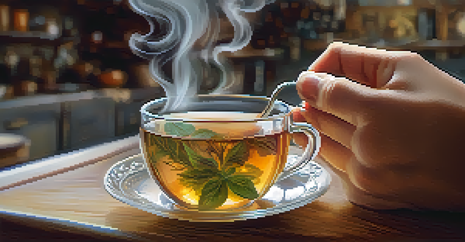 Close-up of hands holding a steaming cup of herbal tea in a cozy kitchen setting.