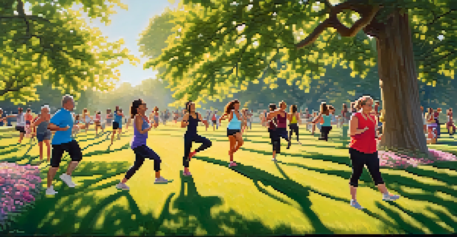 A group of people enjoying different physical activities in a sunny park, surrounded by trees and blooming flowers.