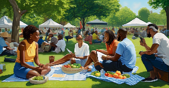 A diverse group of community members discussing health issues in a park, with fruits and pamphlets on a table, under a sunny sky.