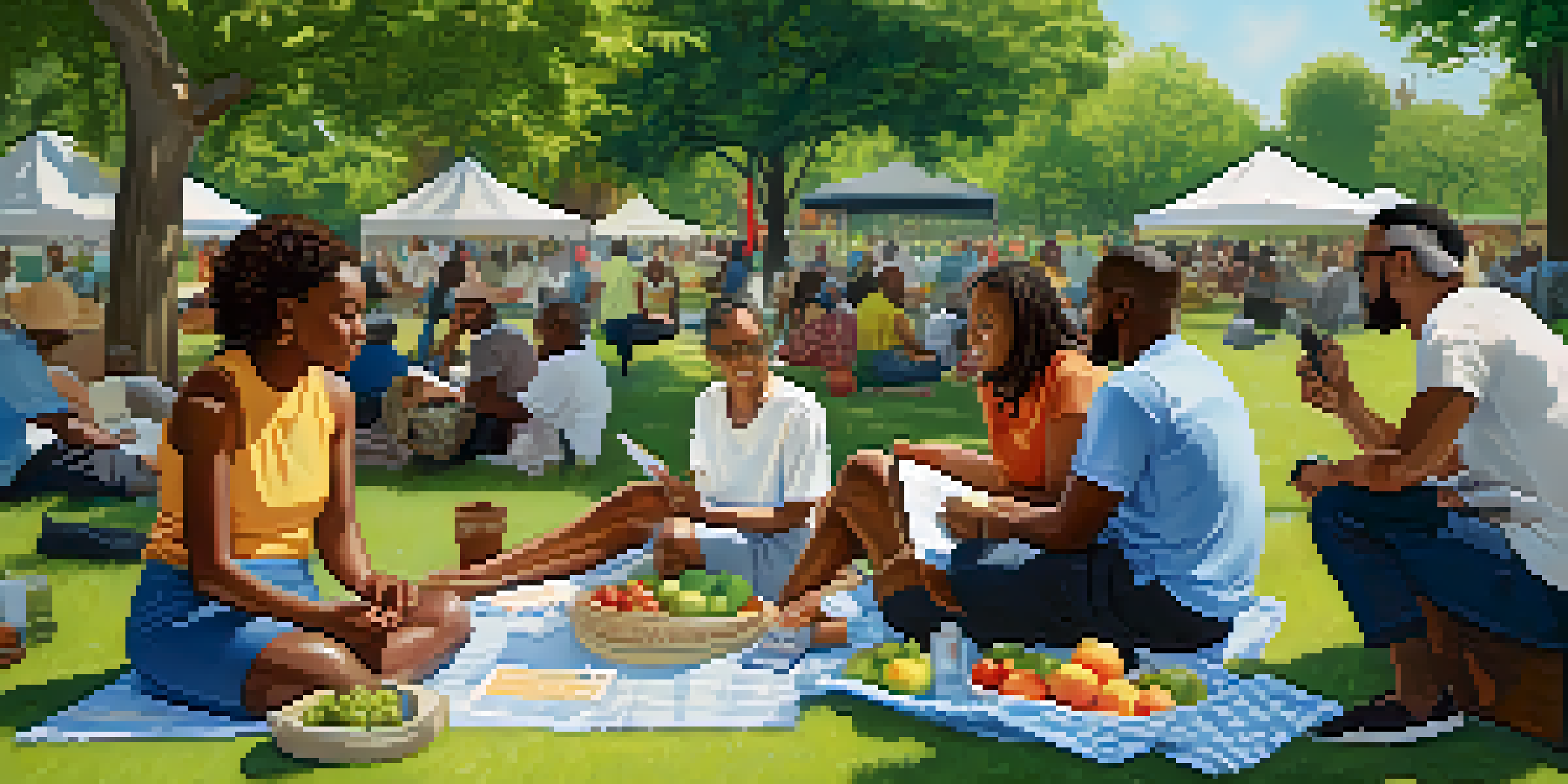 A diverse group of community members discussing health issues in a park, with fruits and pamphlets on a table, under a sunny sky.