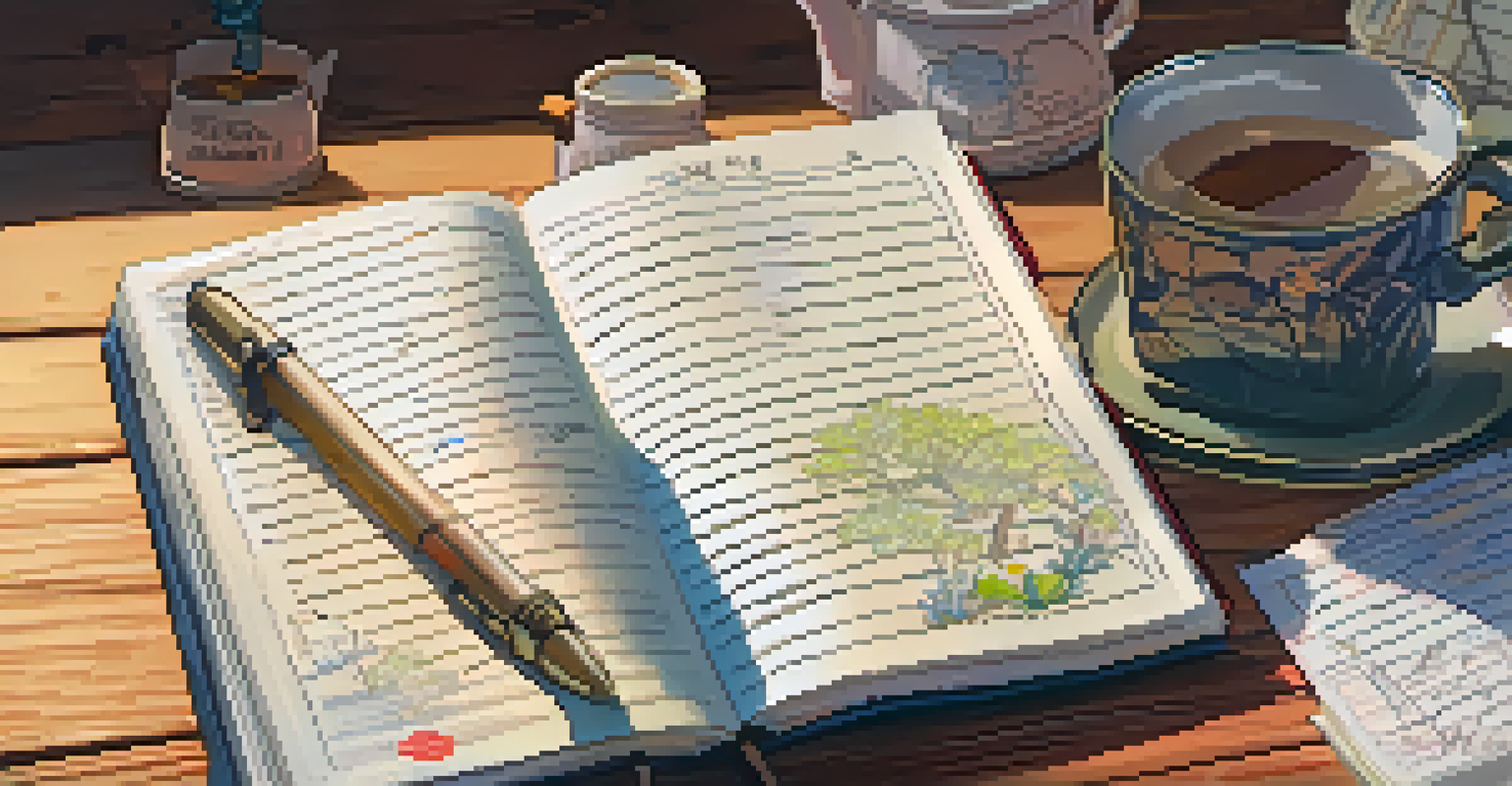 An open family journal on a wooden table with handwritten entries, drawings, and stickers, with a warm cup of tea beside it.