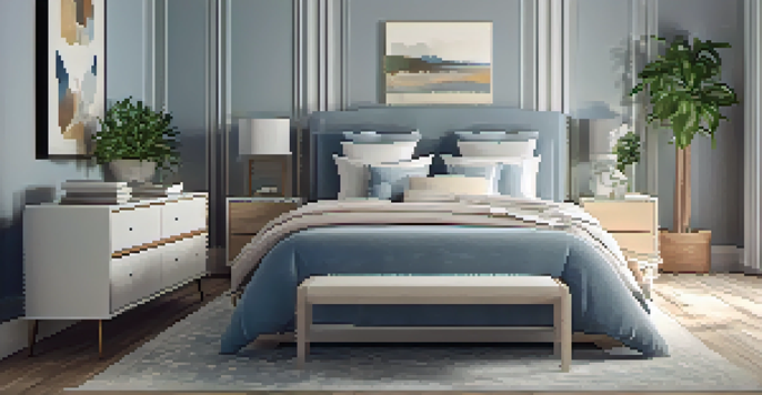 A peaceful bedroom designed for sleep, with soft colors, warm lighting, and a cozy bed, featuring a nightstand with a white noise machine.