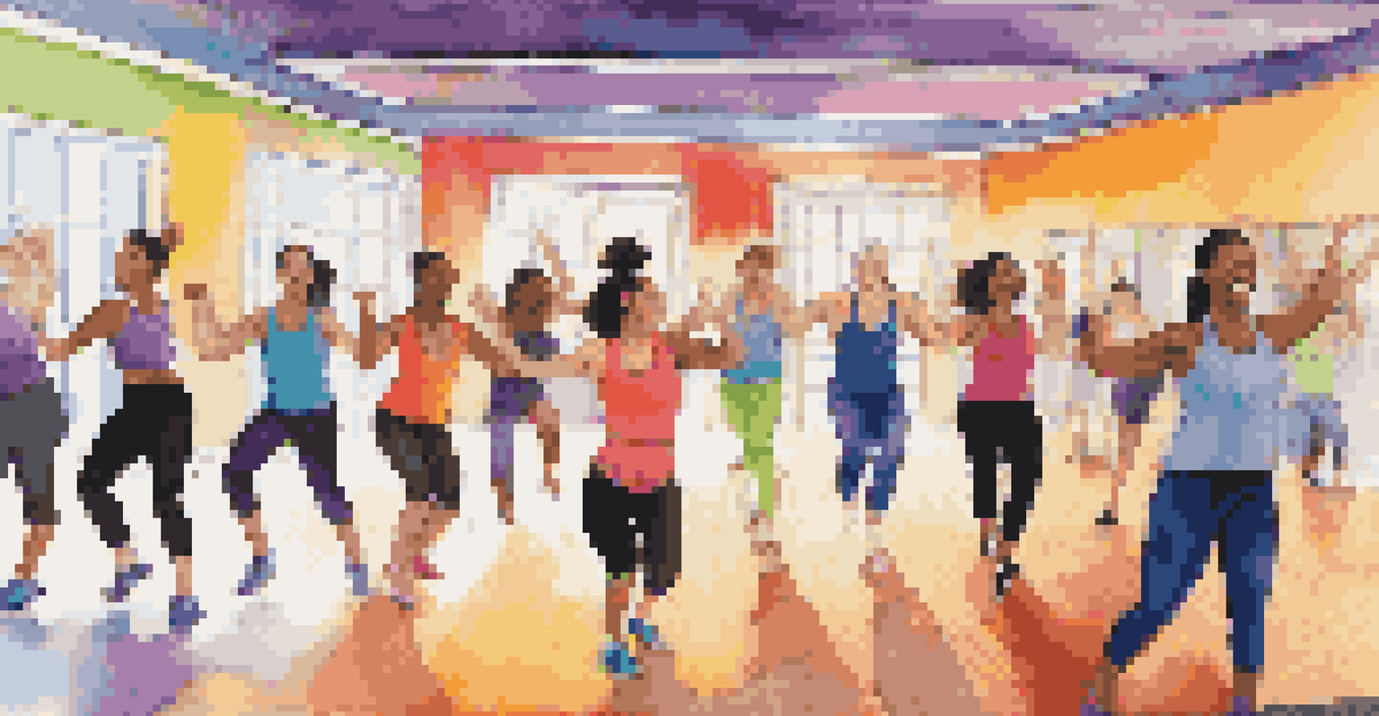 A lively indoor dance workout class with diverse participants moving energetically together, illuminated by colorful lights.